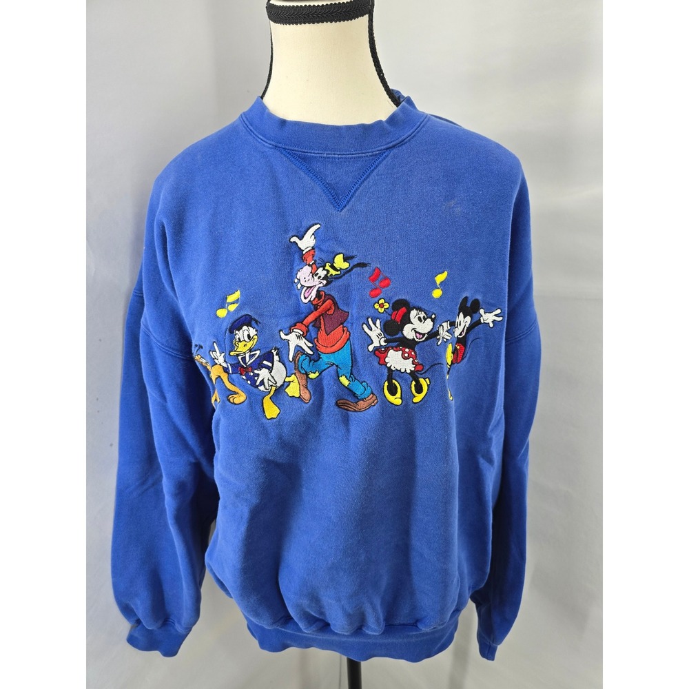 Disney Vintage Embroidered Mickey Minnie Goofy Donald Blue Sweatshirt Medium